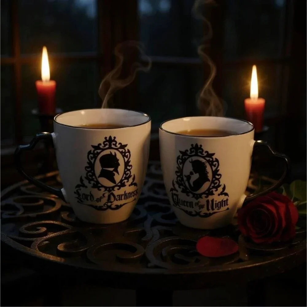 Alchemy Gothic ✦ Queen & Lord Mug Set ✦ Fine Bone China Black & White Feline NWT